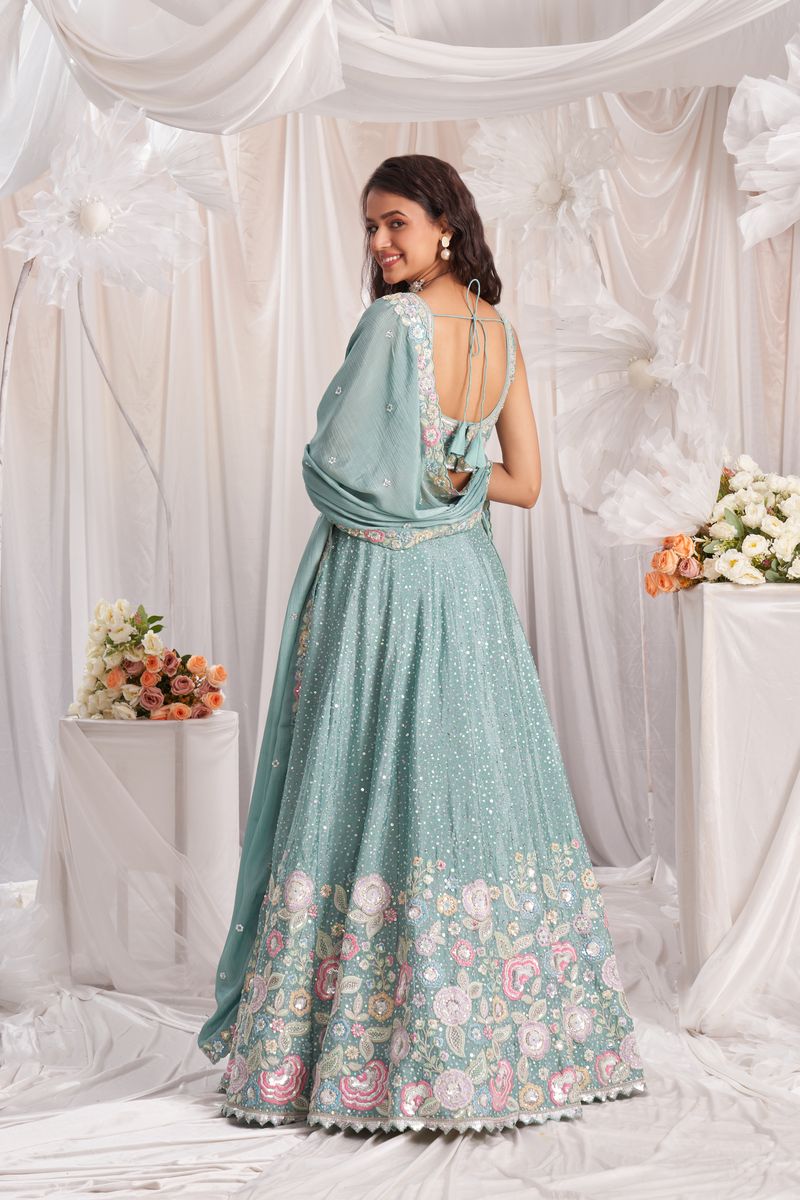 Sea green Pure Chiffon Sequins and thread embroidery Semi-Stitched Lehenga choli & Dupatta