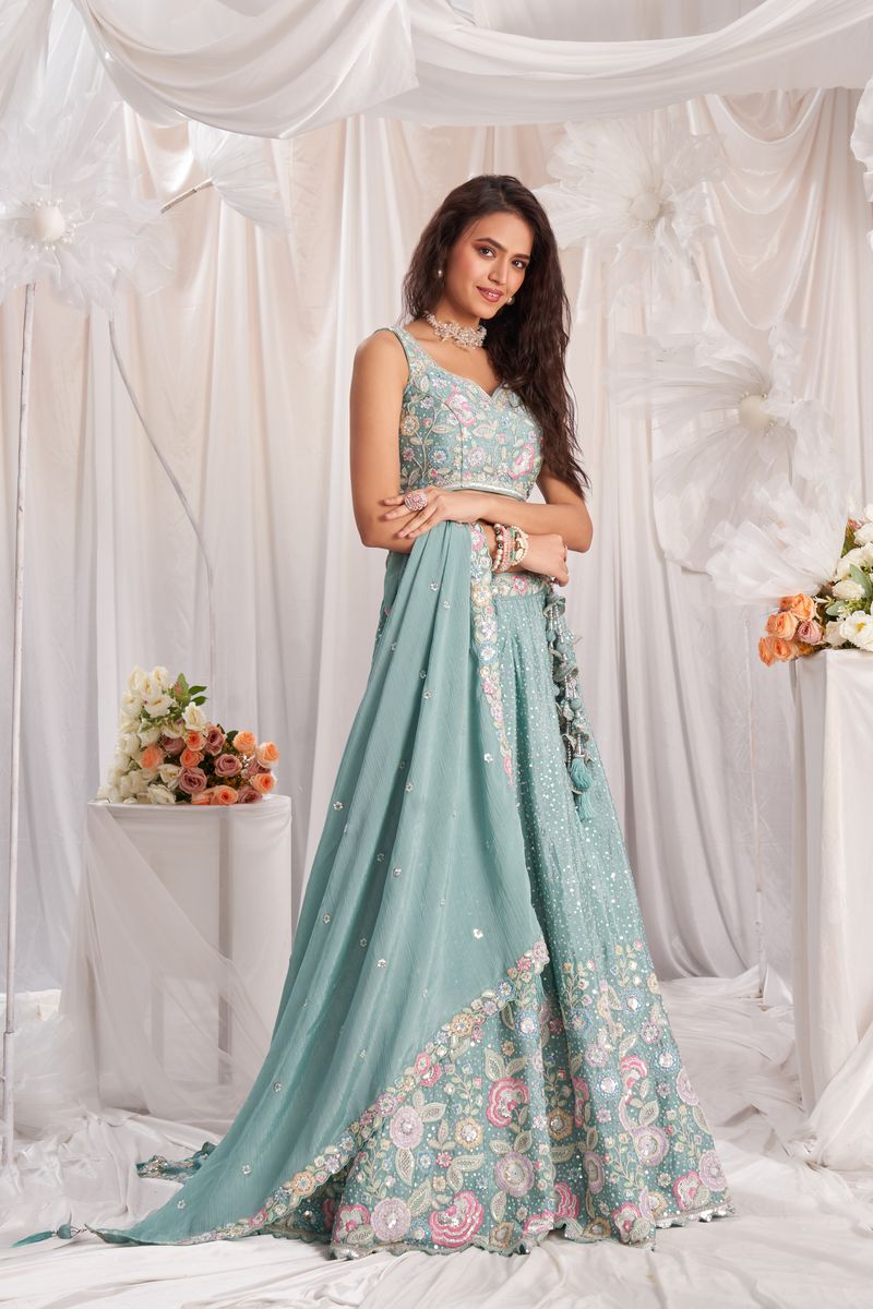 Sea green Pure Chiffon Sequins and thread embroidery Semi-Stitched Lehenga choli & Dupatta