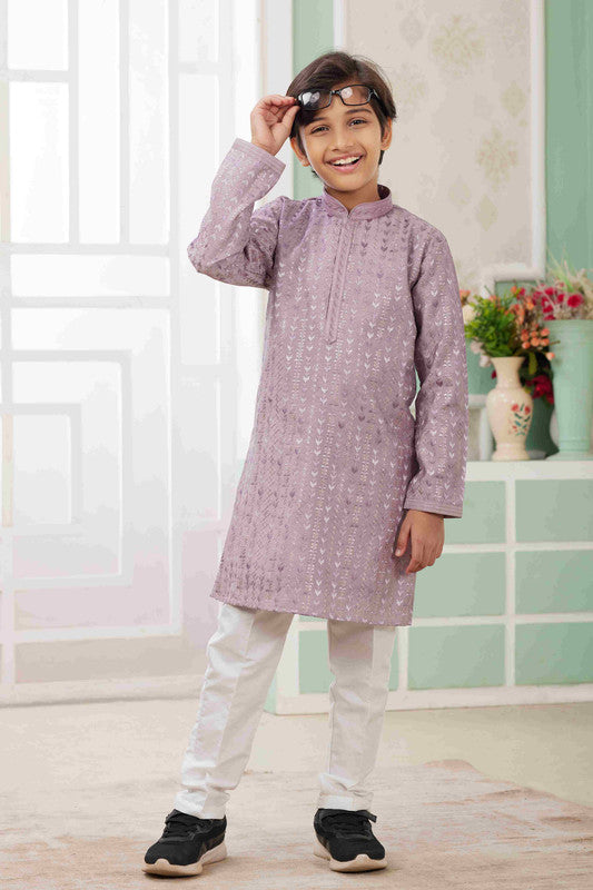 Boy's Lilac Art Silk Embroidery Kurta Set