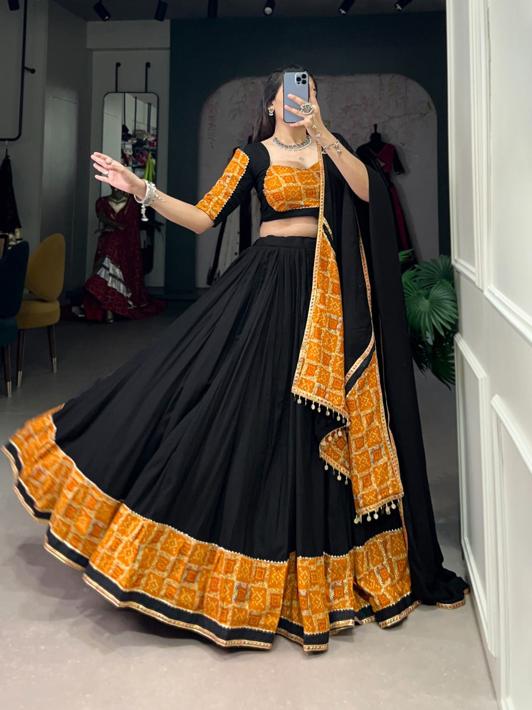 Black Color Pure Rayon Plain With Printed And Gota Patti Lace Touch Up Lehenga Waist