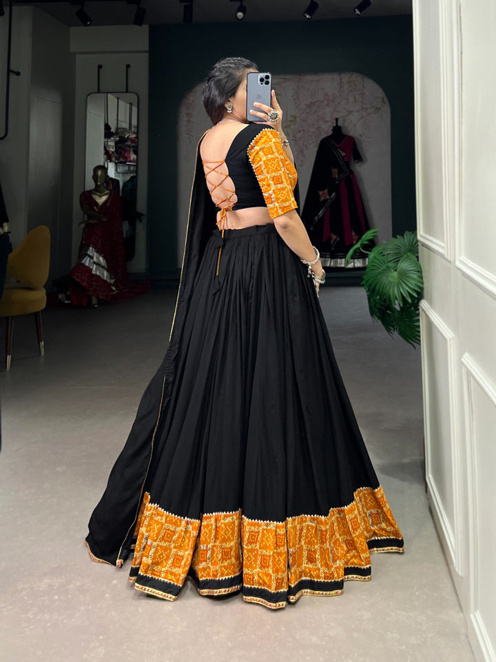 Black Color Pure Rayon Plain With Printed And Gota Patti Lace Touch Up Lehenga Waist