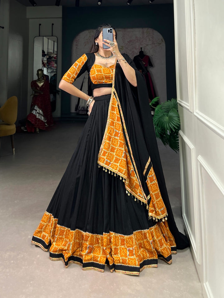 Black Color Pure Rayon Plain With Printed And Gota Patti Lace Touch Up Lehenga Waist