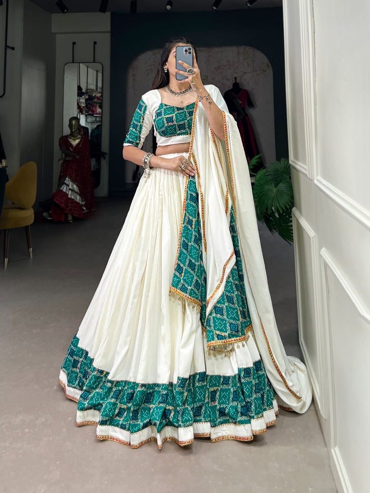 White Color Pure Rayon Plain With Printed And Gota Patti Lace Touch Up Lehenga Waist