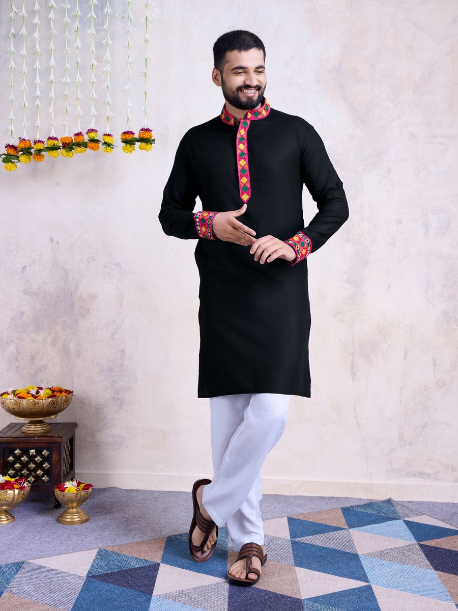 Rayon Embroidery With Real Mirror Work Black Color Kurta