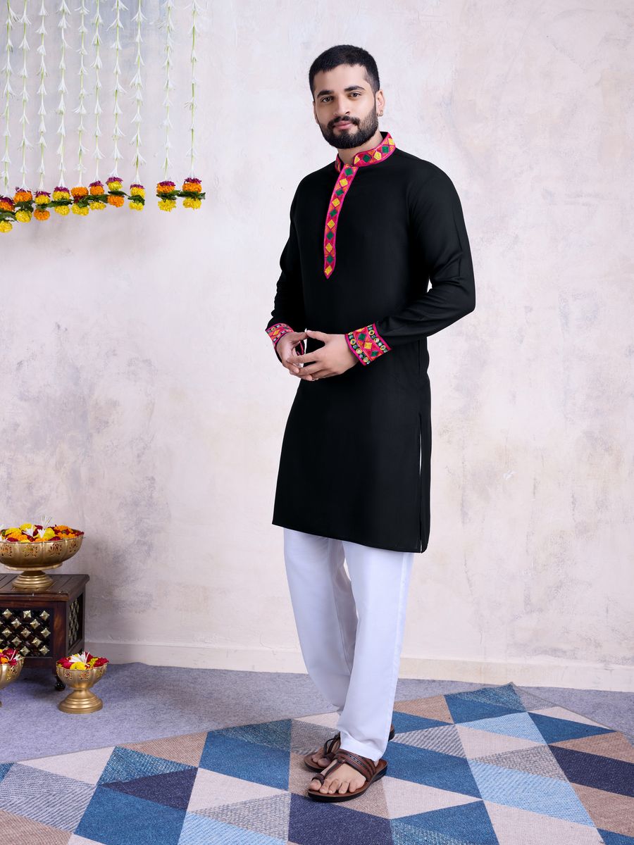 Rayon Embroidery With Real Mirror Work Black Color Kurta