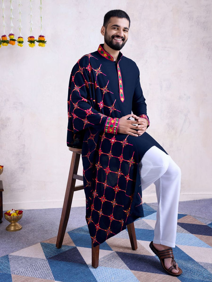 Rayon Embroidery With Real Mirror Work Navy Color Kurta