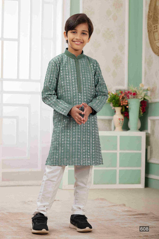 Boy's Green Art Silk Embroidery Kurta Set