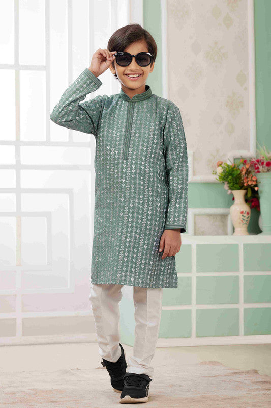 Boy's Green Art Silk Embroidery Kurta Set
