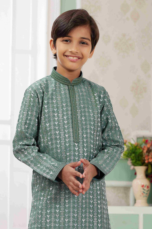 Boy's Green Art Silk Embroidery Kurta Set