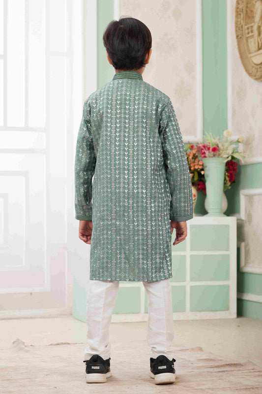 Boy's Green Art Silk Embroidery Kurta Set