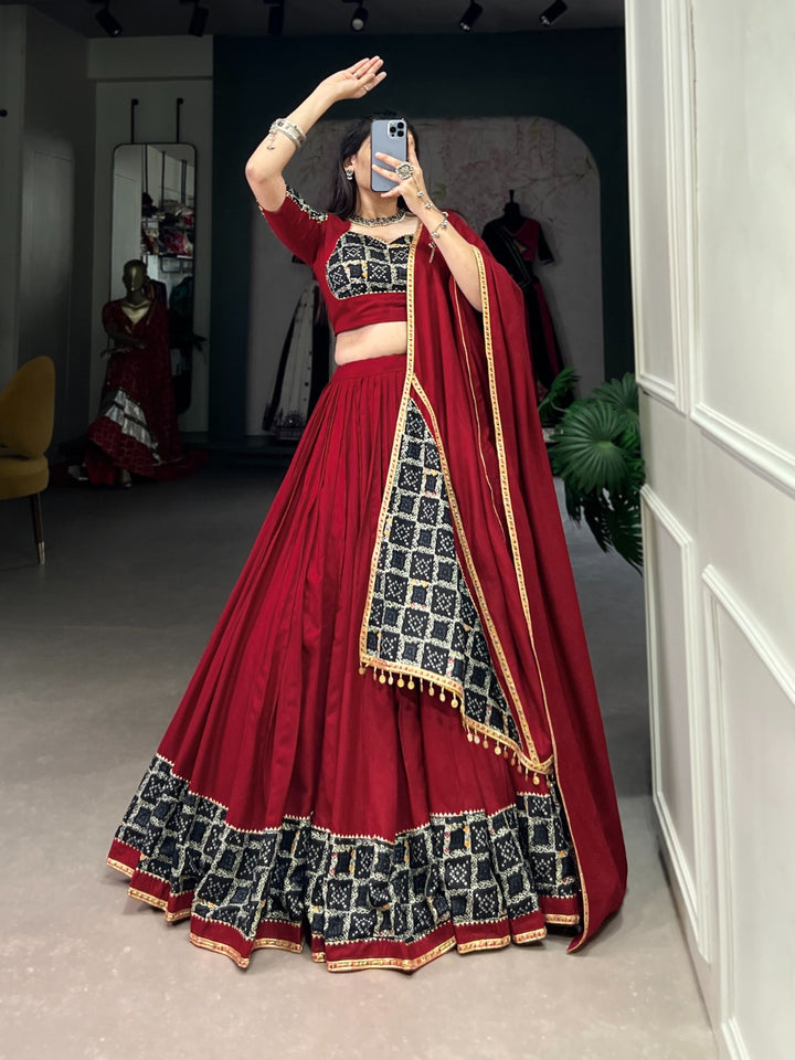 Red Color Pure Rayon Plain With Printed And Gota Patti Lace Touch Up Lehenga Waist