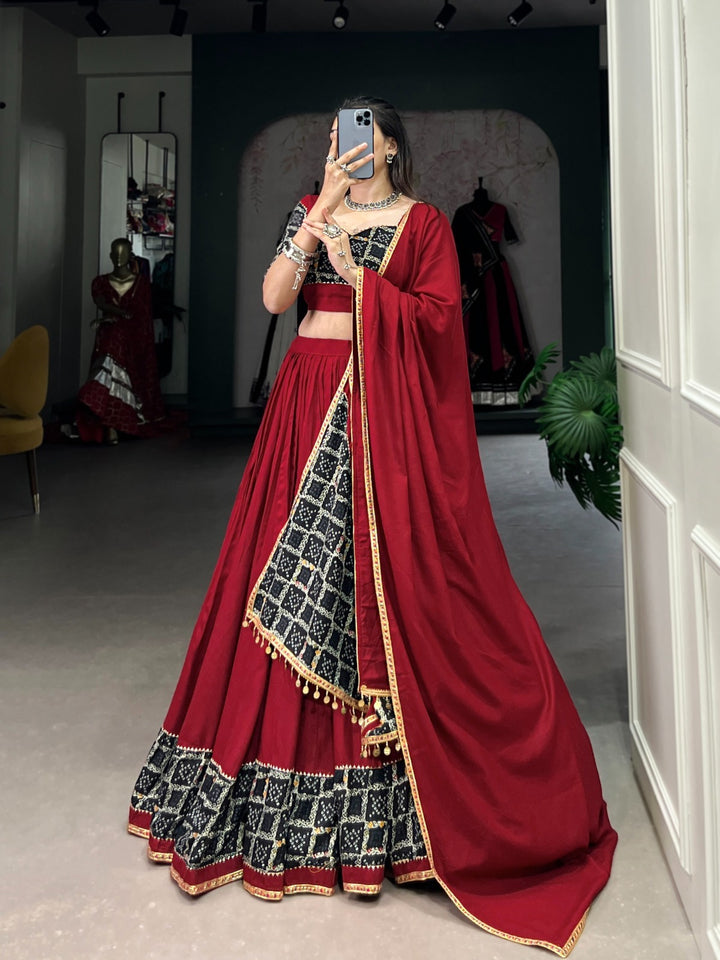 Red Color Pure Rayon Plain With Printed And Gota Patti Lace Touch Up Lehenga Waist