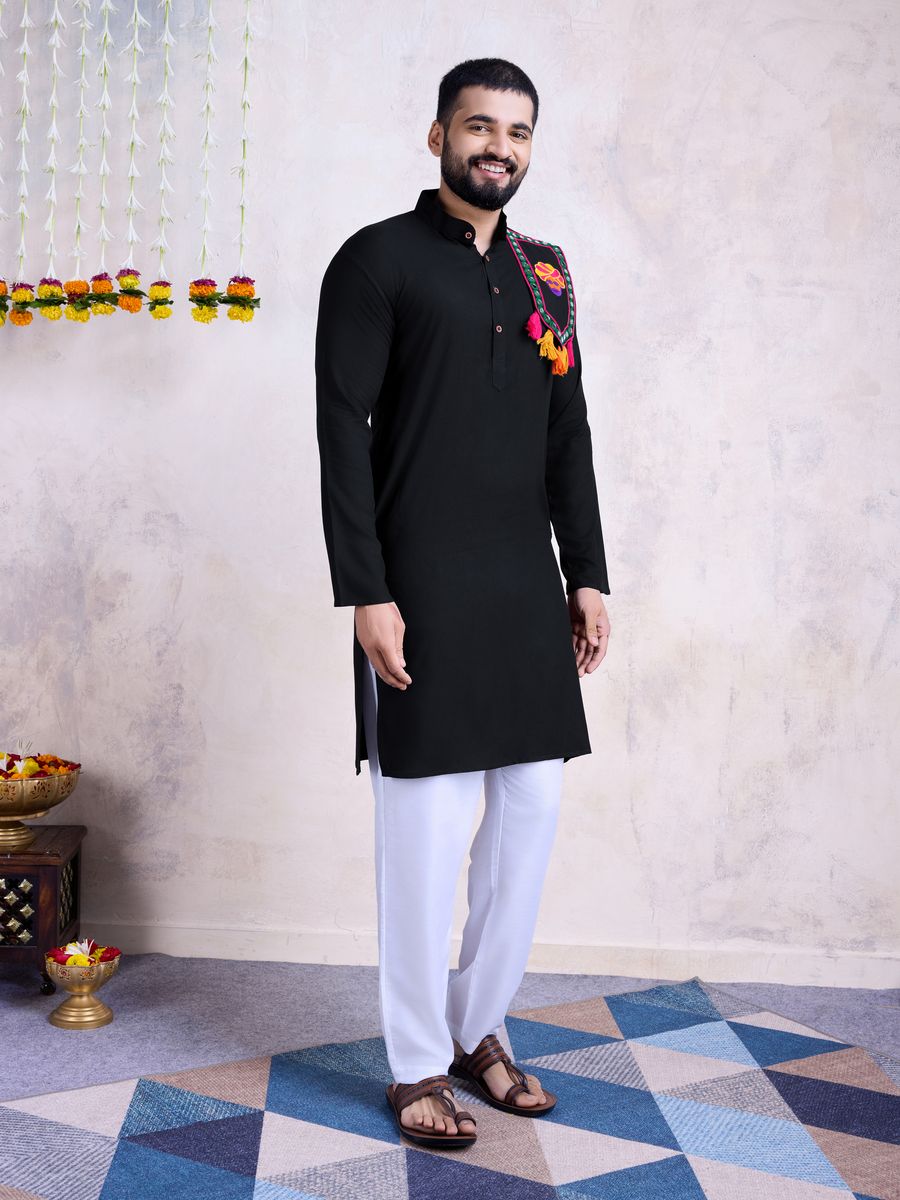 Black Color Rayon And Embroidery With Real Mirror Work Kurta