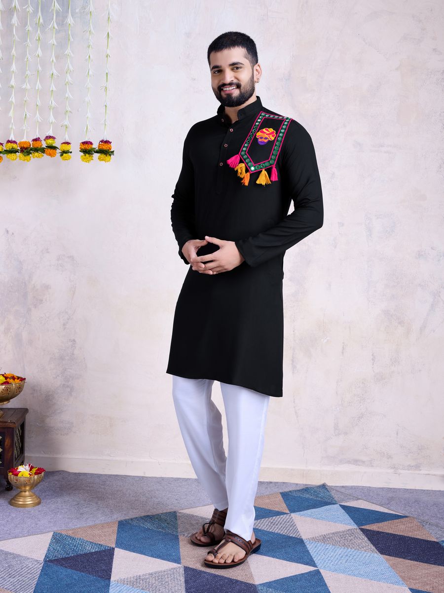 Black Color Rayon And Embroidery With Real Mirror Work Kurta