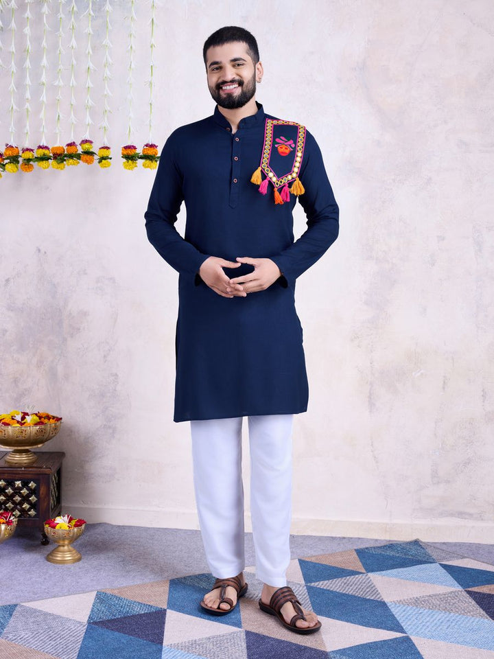 Navy Color Rayon And Embroidery With Real Mirror Work Kurta