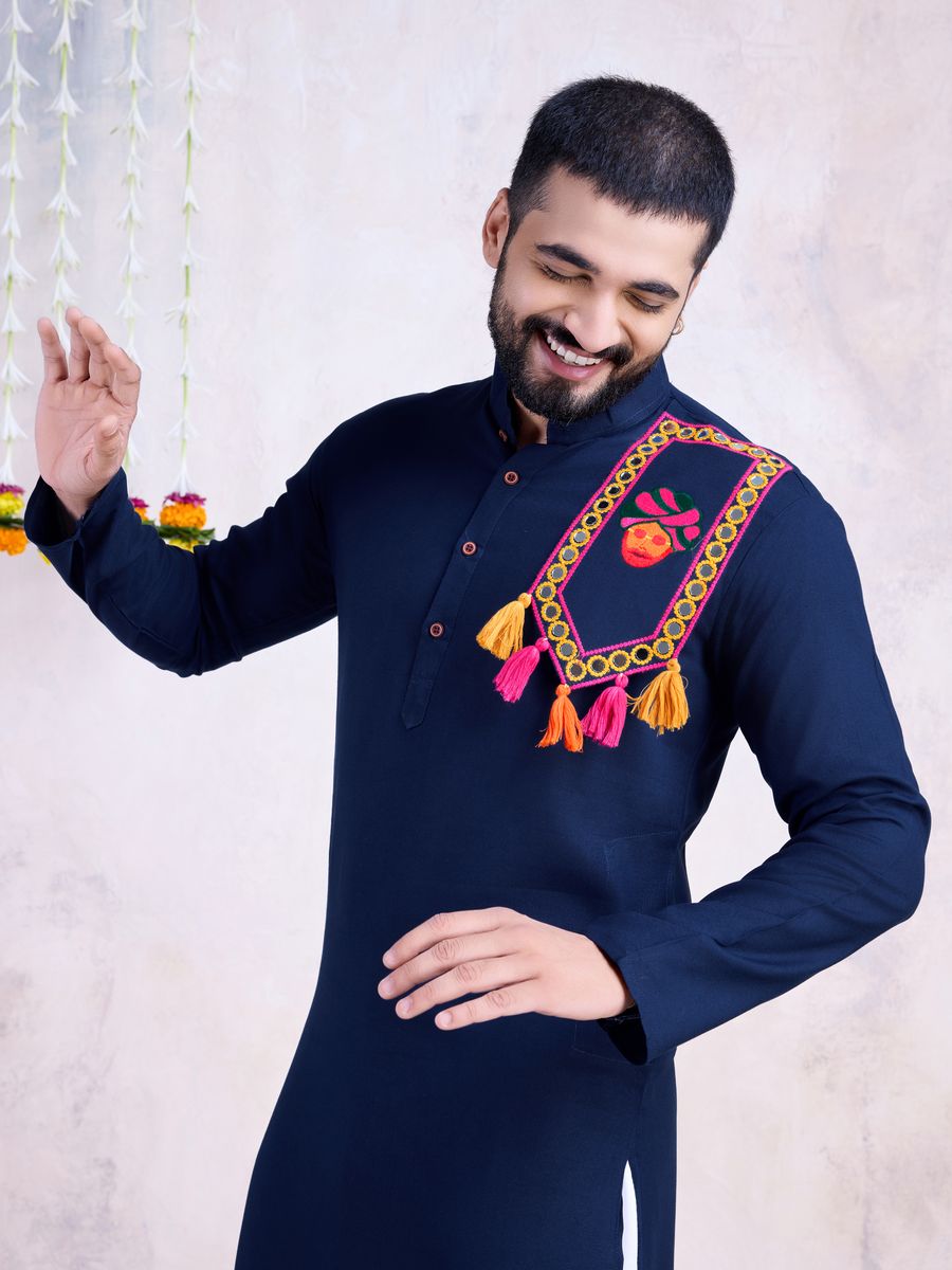 Navy Color Rayon And Embroidery With Real Mirror Work Kurta