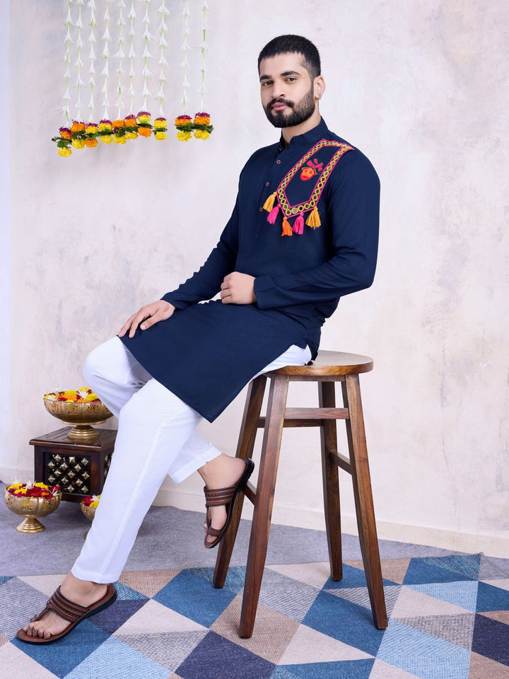 Navy Color Rayon And Embroidery With Real Mirror Work Kurta