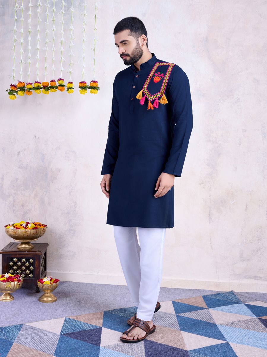 Navy Color Rayon And Embroidery With Real Mirror Work Kurta