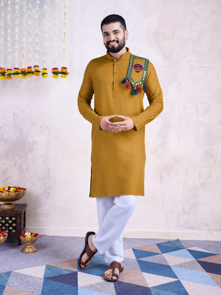 Yelow Color Rayon And Embroidery With Real Mirror Work Kurta