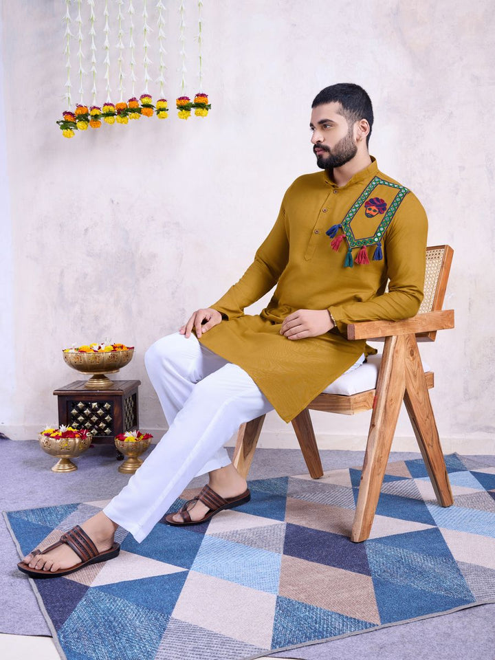 Yelow Color Rayon And Embroidery With Real Mirror Work Kurta