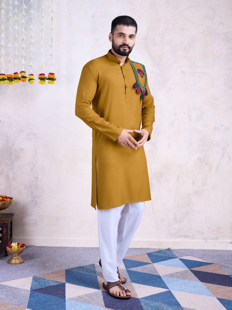 Yelow Color Rayon And Embroidery With Real Mirror Work Kurta