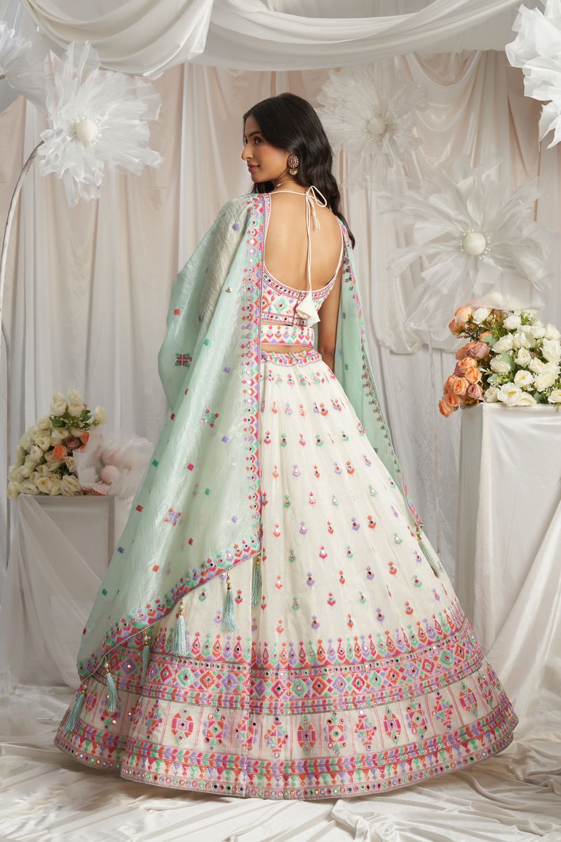 Cream Organza Sequins and Mirror embroidery Semi-Stitched Lehenga choli & Dupatta