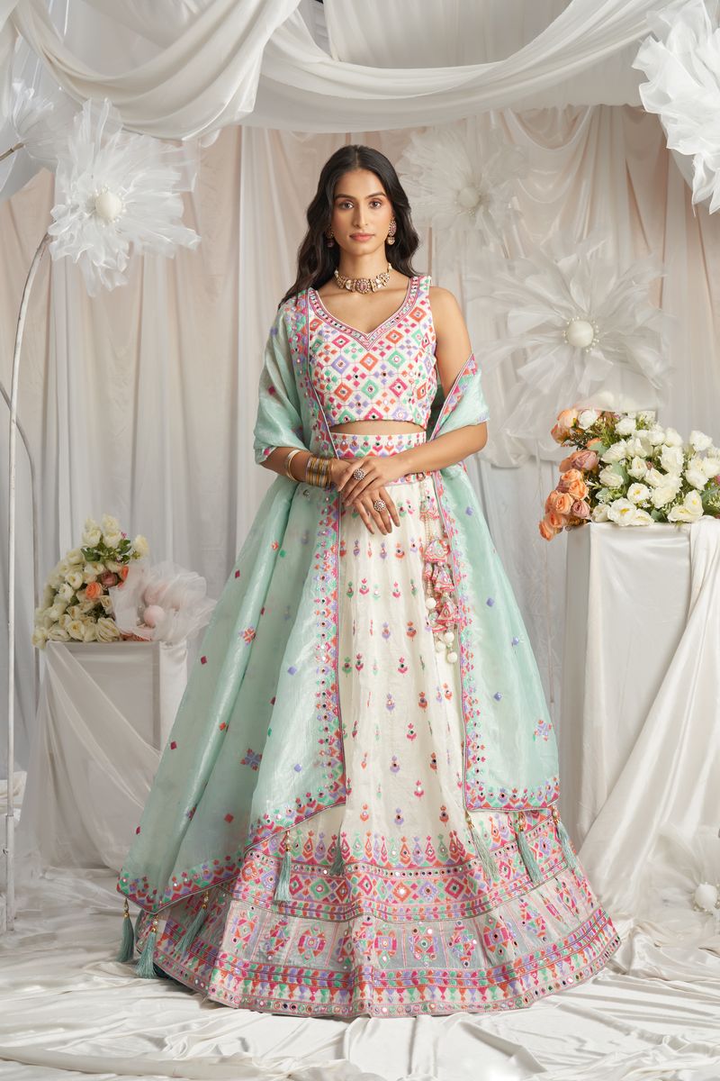 Cream Organza Sequins and Mirror embroidery Semi-Stitched Lehenga choli & Dupatta