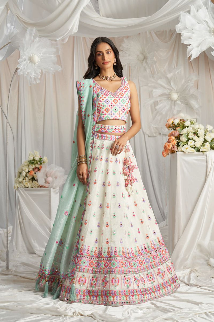 Cream Organza Sequins and Mirror embroidery Semi-Stitched Lehenga choli & Dupatta