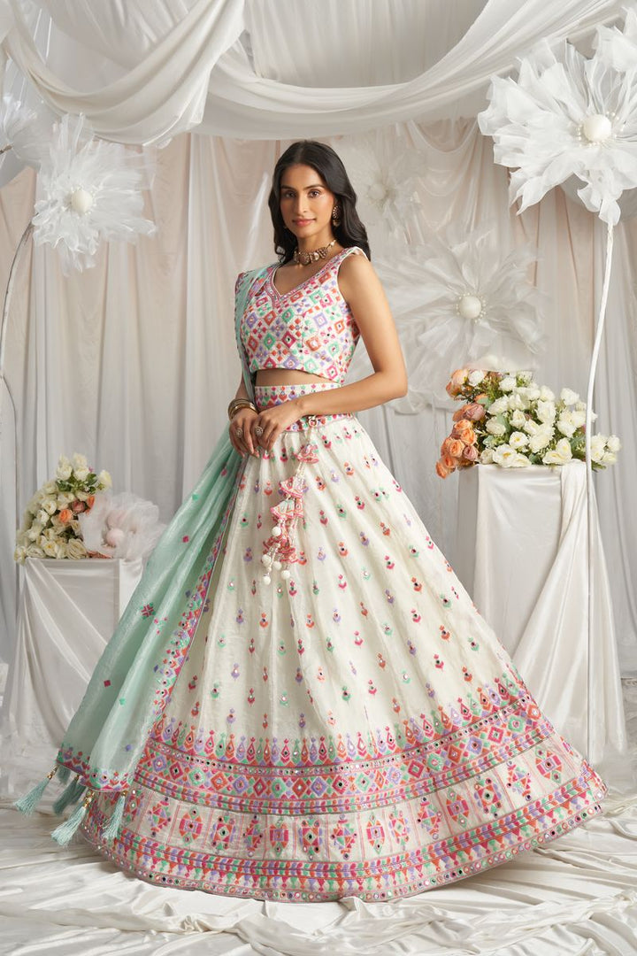 Cream Organza Sequins and Mirror embroidery Semi-Stitched Lehenga choli & Dupatta