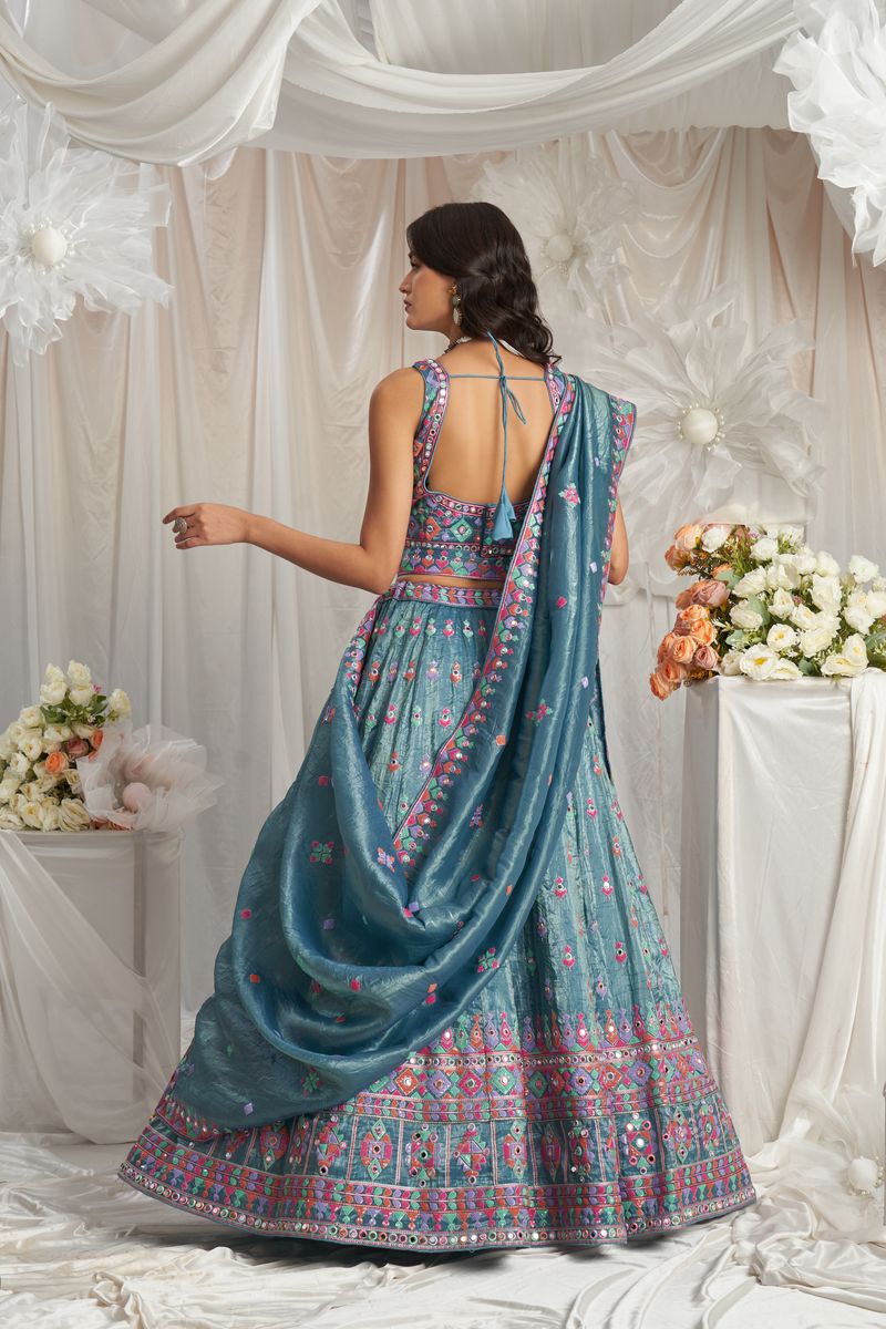 Teal Organza Sequins and Mirror embroidery Semi-Stitched Lehenga choli & Dupatta