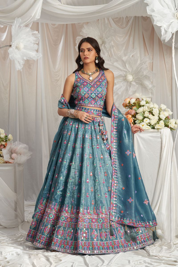 Teal Organza Sequins and Mirror embroidery Semi-Stitched Lehenga choli & Dupatta