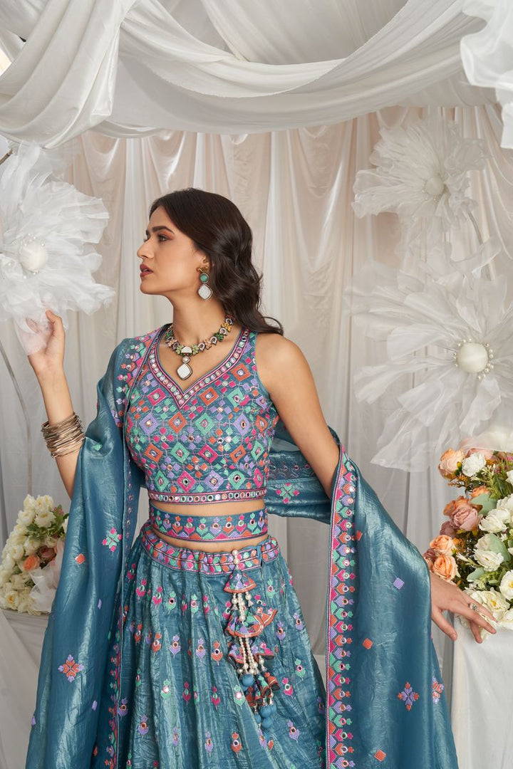 Teal Organza Sequins and Mirror embroidery Semi-Stitched Lehenga choli & Dupatta