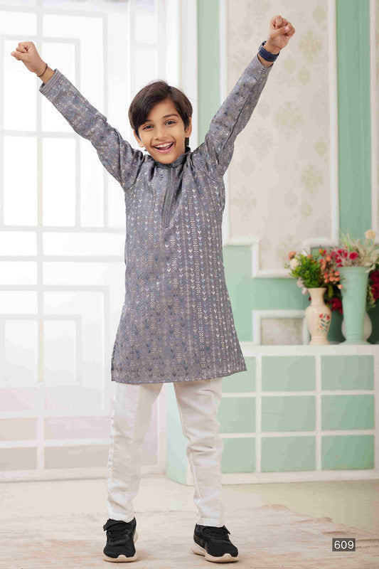 Boy's Grey Art Silk Embroidery Kurta Set