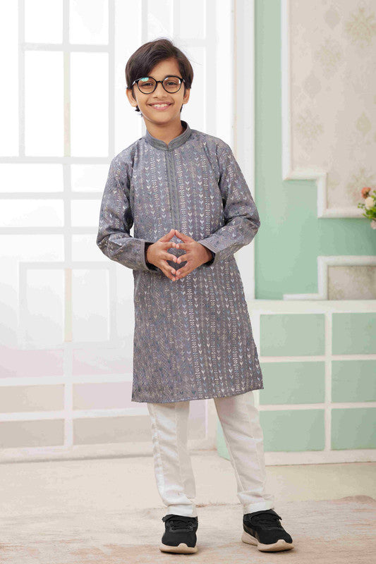 Boy's Grey Art Silk Embroidery Kurta Set