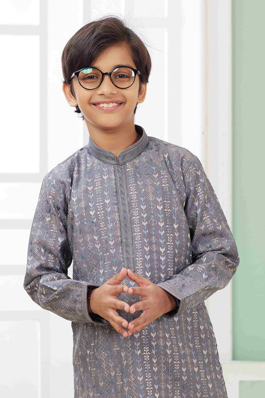 Boy's Grey Art Silk Embroidery Kurta Set