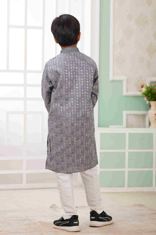 Boy's Grey Art Silk Embroidery Kurta Set