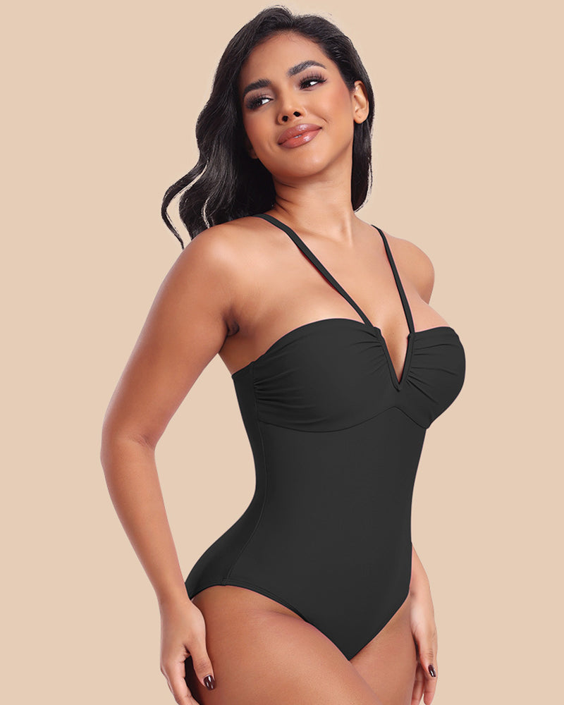 Sexy Strappy Triangle V-shaped Halter Neck One-piece Body Shaping Swimsuit  - By Qivii