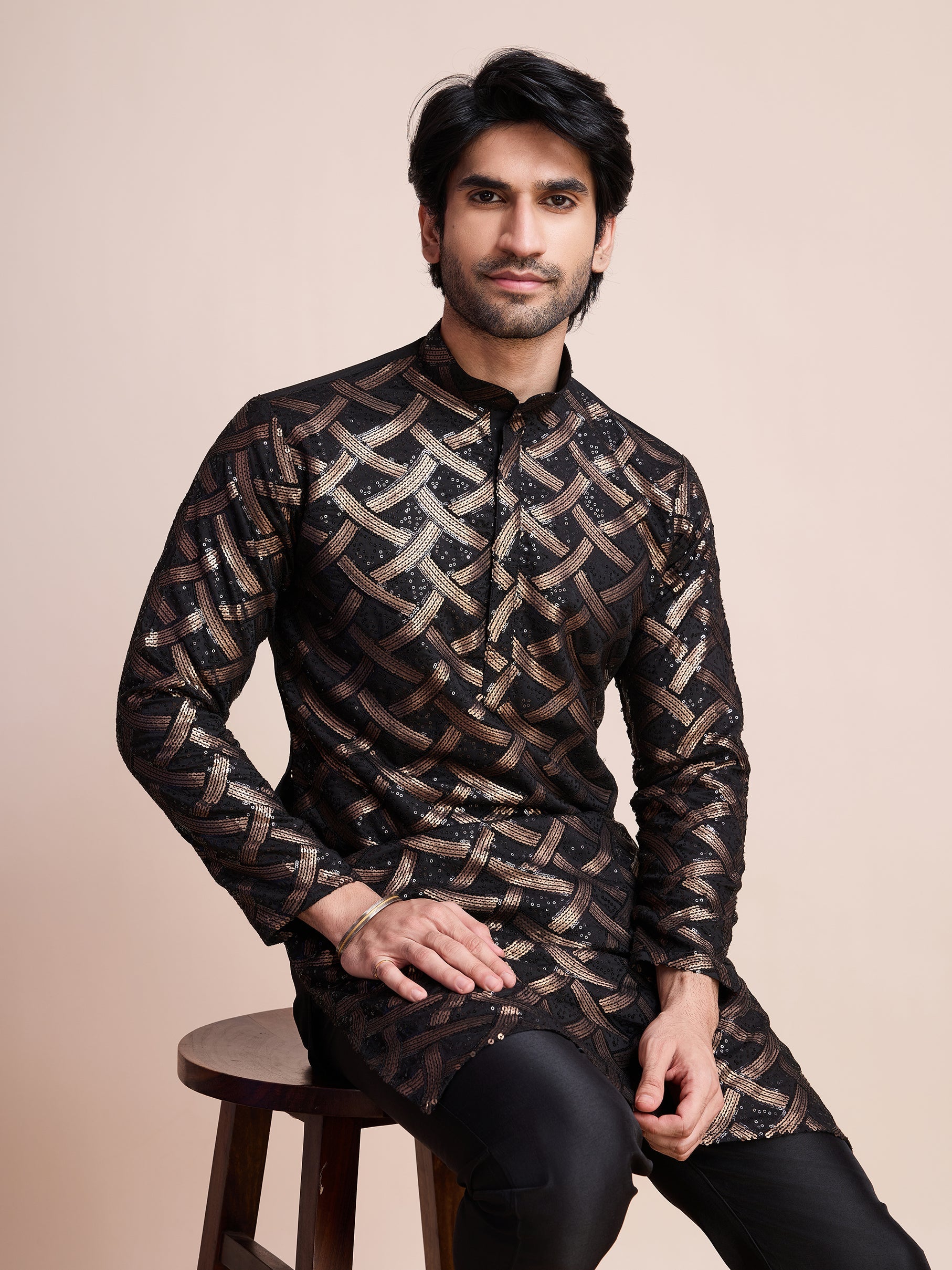 BLACK SILK THREAD & SEQUENCE EMBROIDERED WORK KURTA - qivii