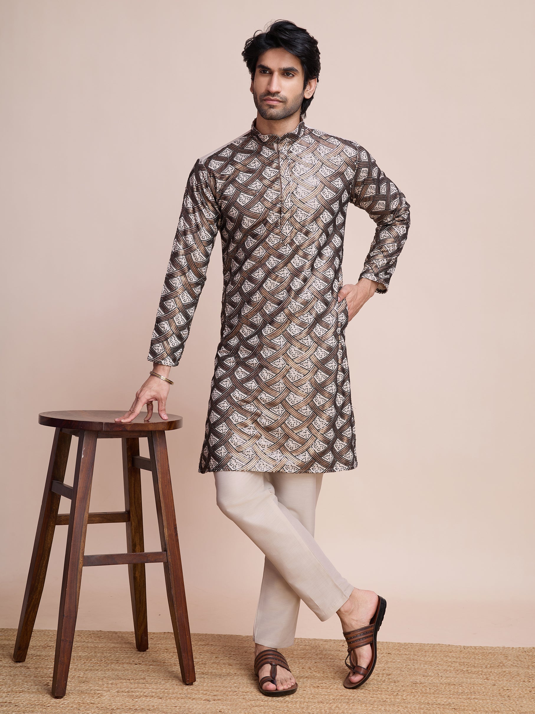 BEIGE SILK THREAD & SEQUENCE EMBROIDERED WORK KURTA - qivii