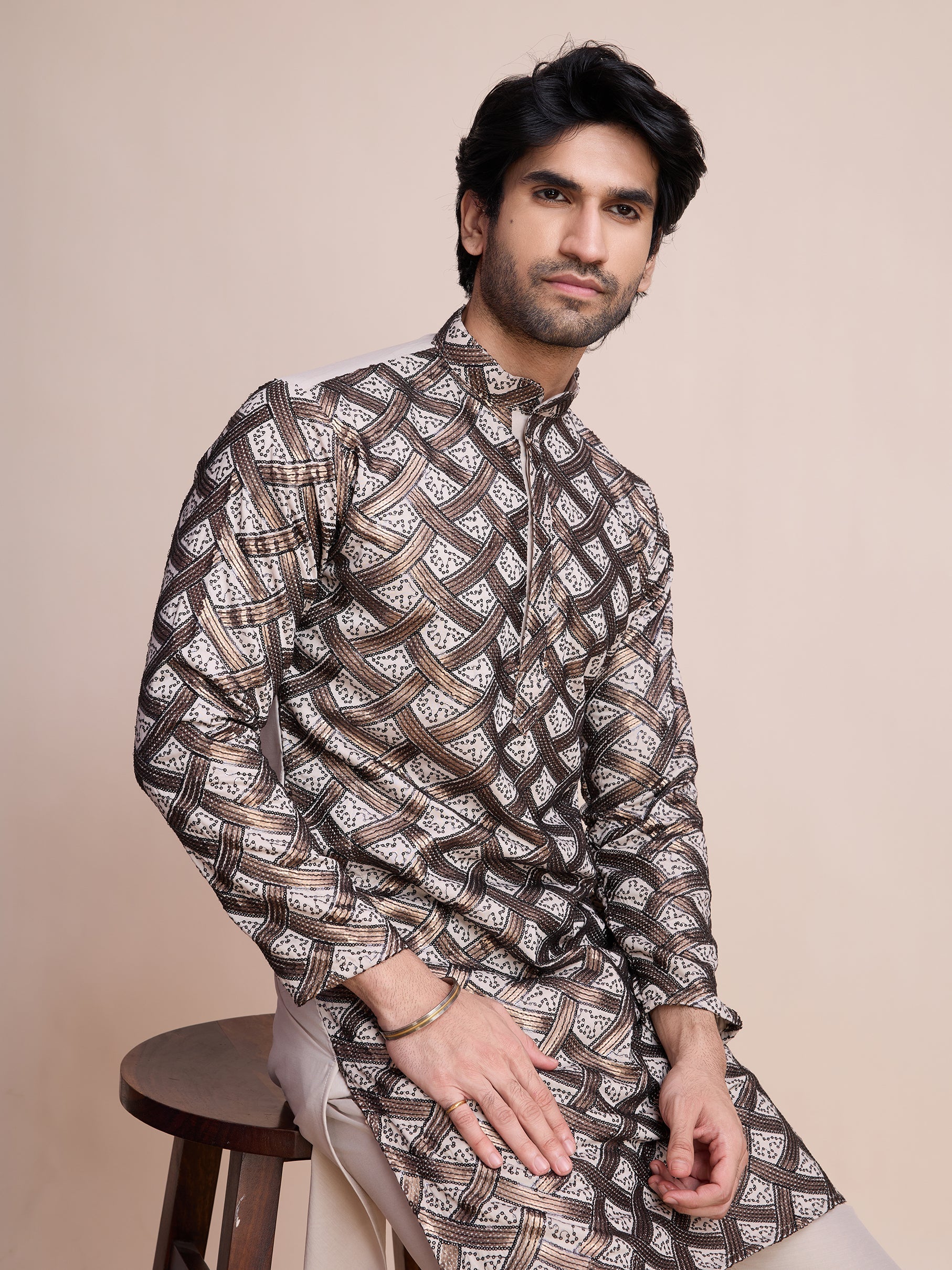 BEIGE SILK THREAD & SEQUENCE EMBROIDERED WORK KURTA - qivii