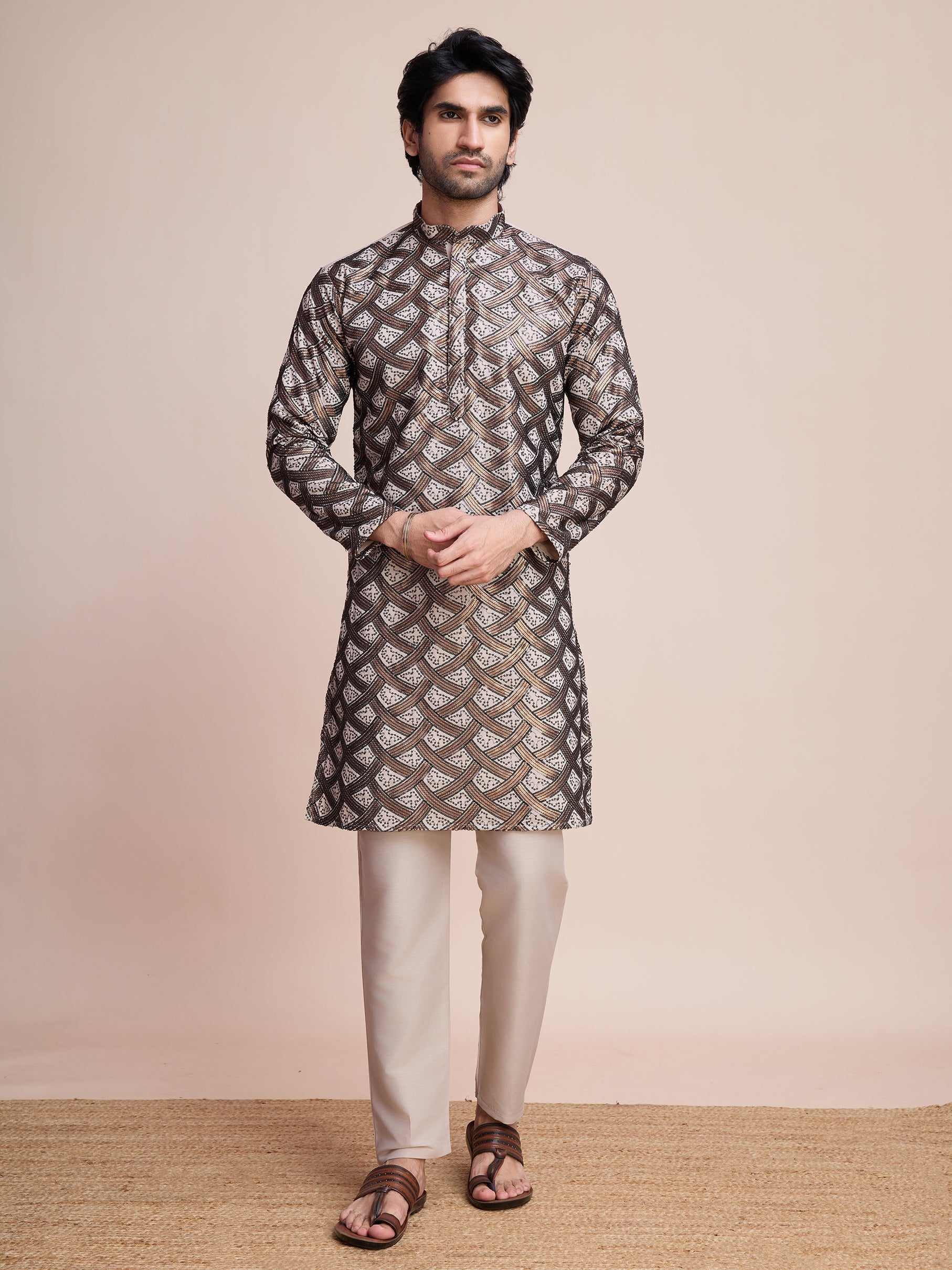 BEIGE SILK THREAD & SEQUENCE EMBROIDERED WORK KURTA - qivii