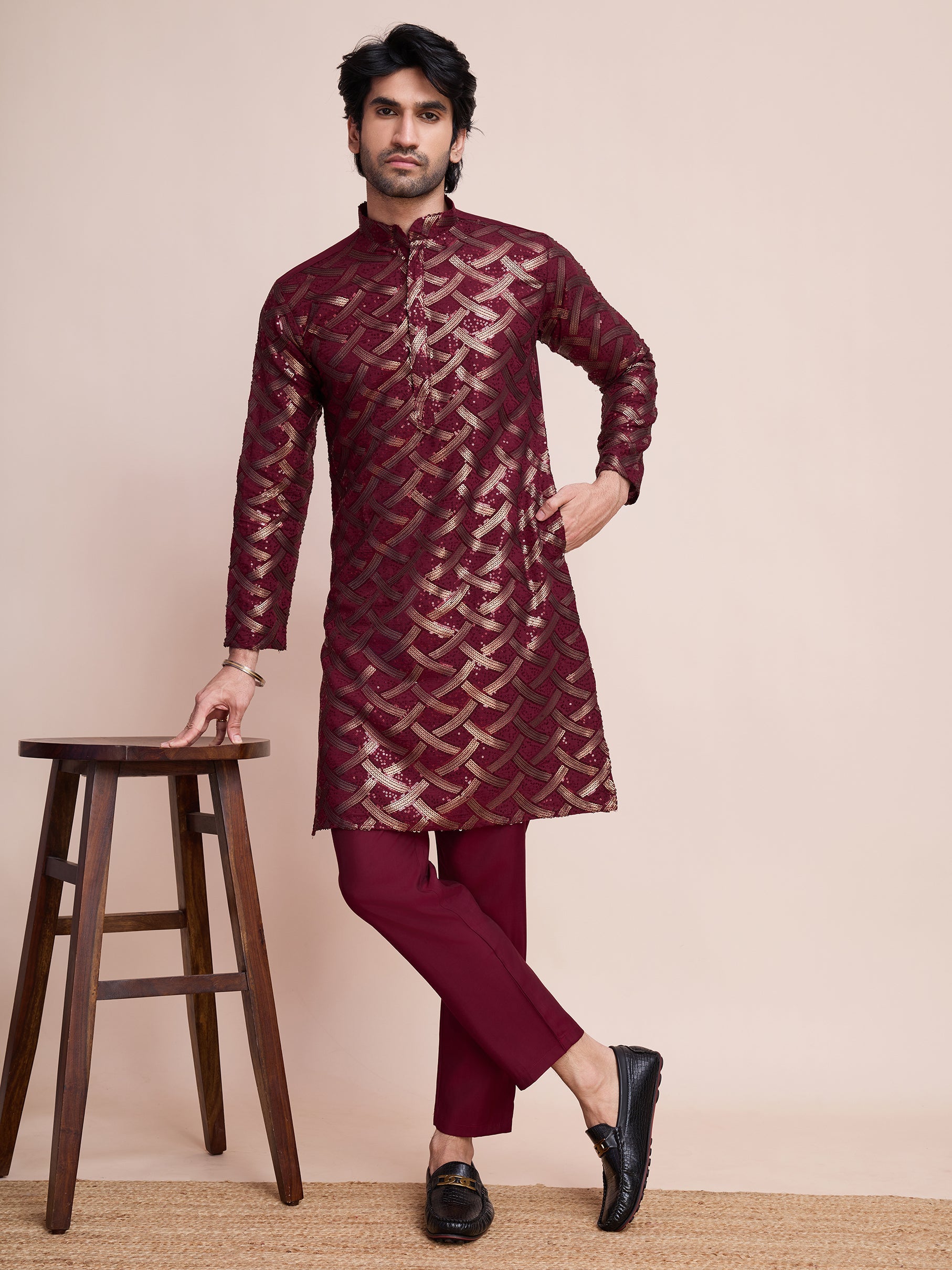 MAROON SILK THREAD & SEQUENCE EMBROIDERED WORK KURTA - qivii