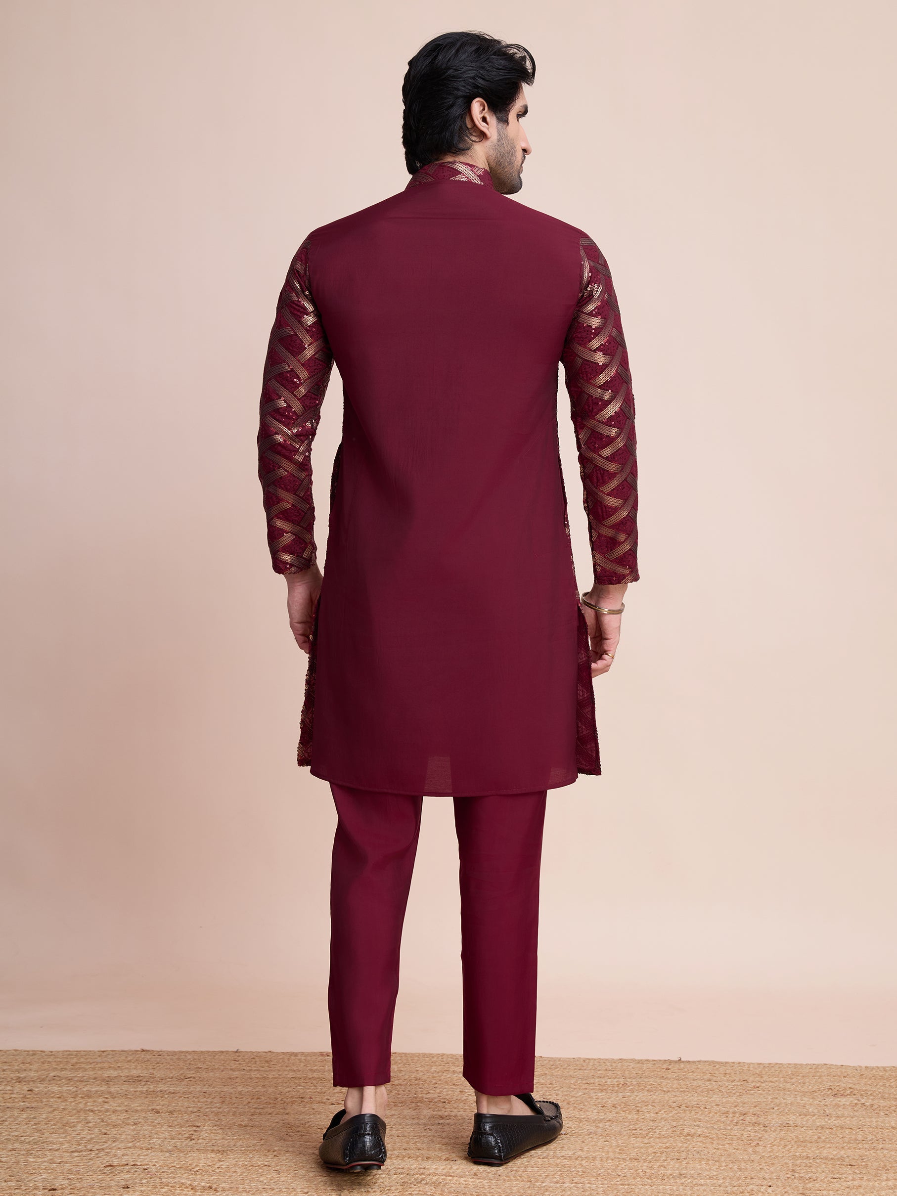MAROON SILK THREAD & SEQUENCE EMBROIDERED WORK KURTA - qivii