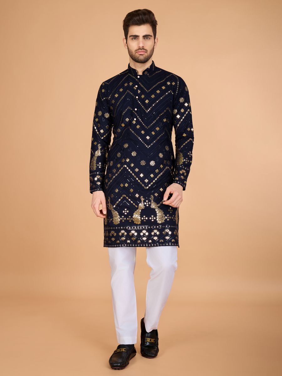 NAVY BLUE PURE VISCOSE RAYON THREAD & SEQUENCE EMBROIDERED WORK KURTA - qivii
