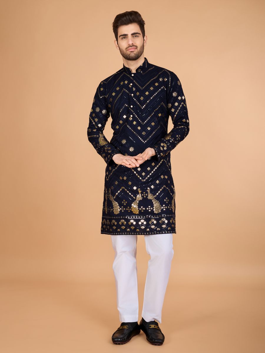 NAVY BLUE PURE VISCOSE RAYON THREAD & SEQUENCE EMBROIDERED WORK KURTA - qivii