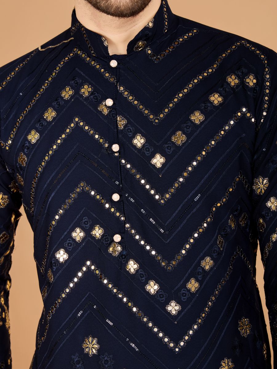 NAVY BLUE PURE VISCOSE RAYON THREAD & SEQUENCE EMBROIDERED WORK KURTA - qivii