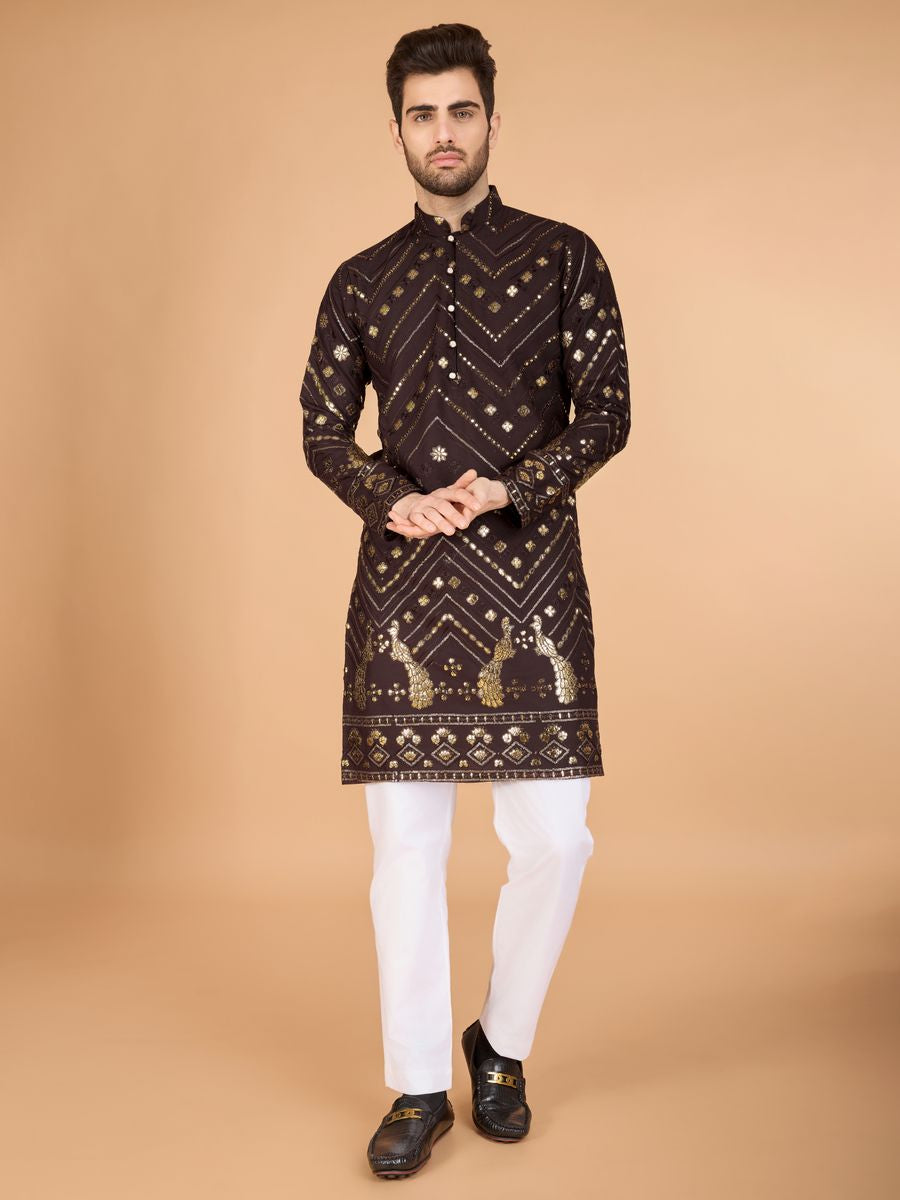 BROWN PURE VISCOSE RAYON THREAD & SEQUENCE EMBROIDERED WORK KURTA - qivii