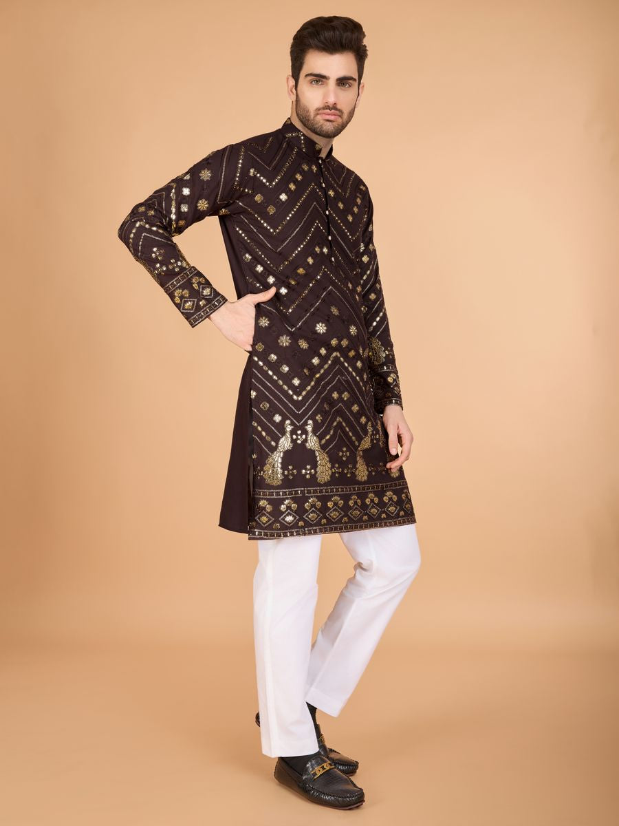 BROWN PURE VISCOSE RAYON THREAD & SEQUENCE EMBROIDERED WORK KURTA - qivii