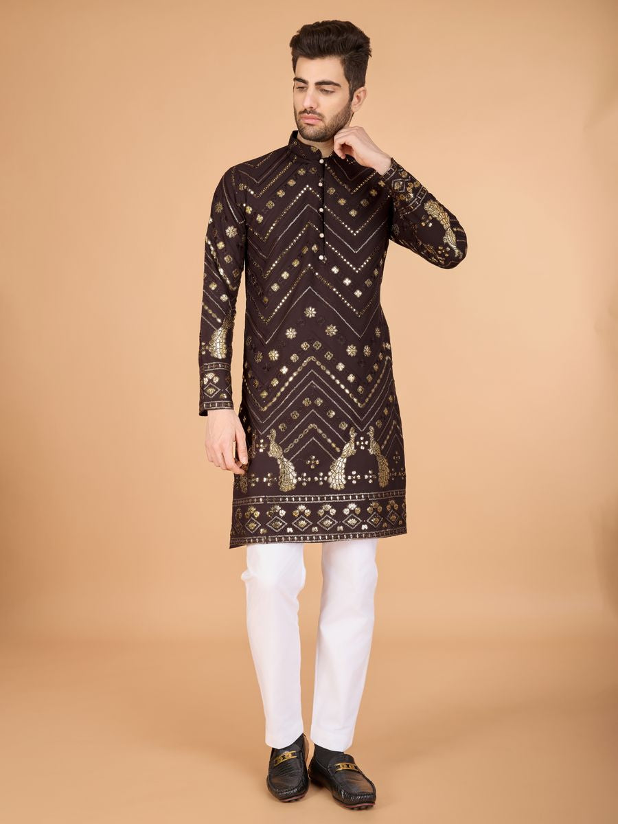 BROWN PURE VISCOSE RAYON THREAD & SEQUENCE EMBROIDERED WORK KURTA - qivii