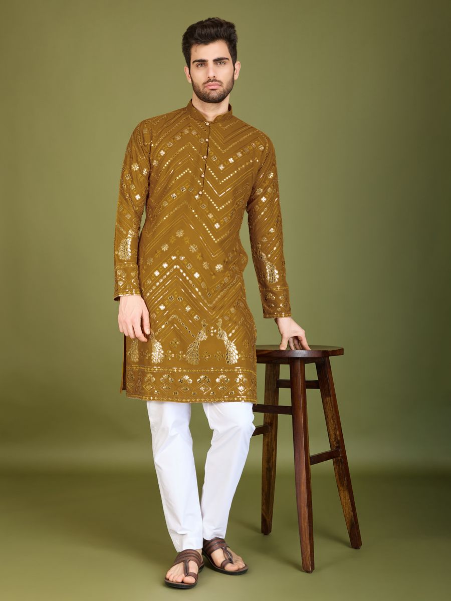 YELLOW PURE VISCOSE RAYON THREAD & SEQUENCE EMBROIDERED WORK KURTA - qivii